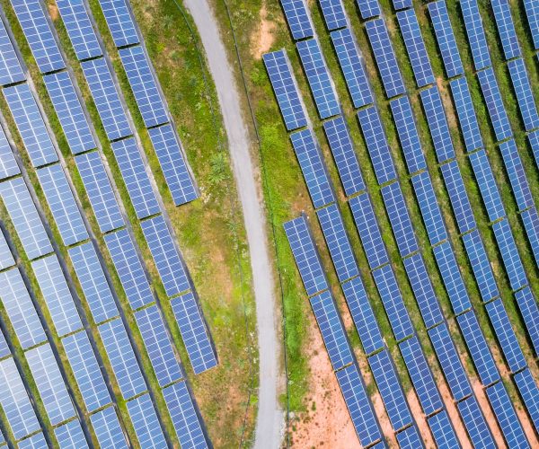 aerial view of photovoltaic panels on hillside